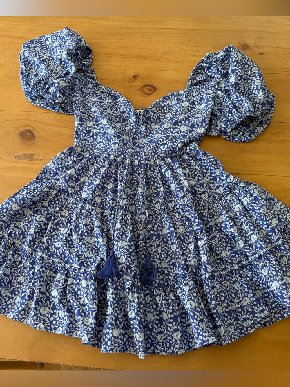 ZARA Printed Short Blue/White A-Line Dress with Balloon Sleeves